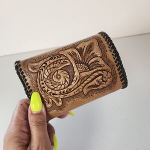 Vintage Tooled Brown Leather Wallet Mens Handmade 1970s Western Boho Cowboy 70s